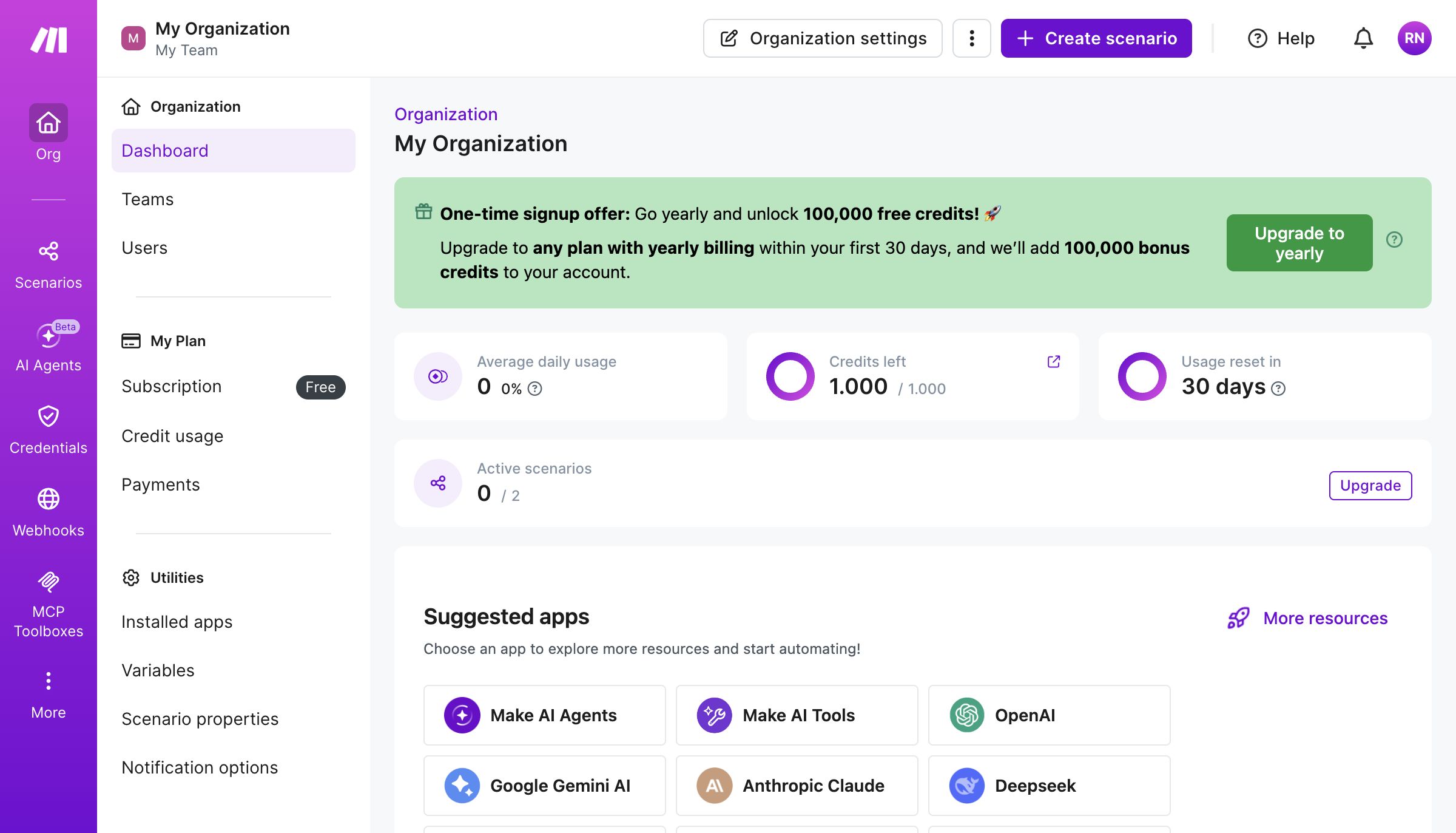 Make's free-tier dashboard showing 1,000 credits and 2 active scenarios